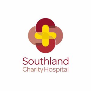 Southland Charity Hospital Logo - a maroon and gold emblem with the words Southland Charity Hospital below in maroon.