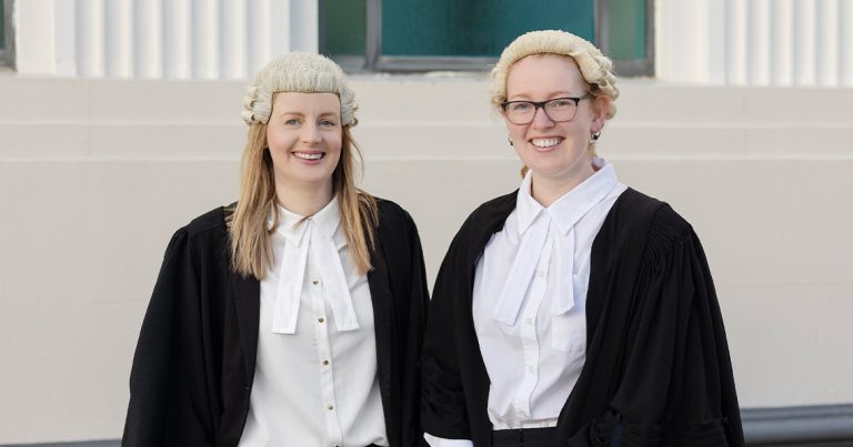 Photo of Jessica Yeo and Trudy Conway outside of the Courthouse in Invercargill